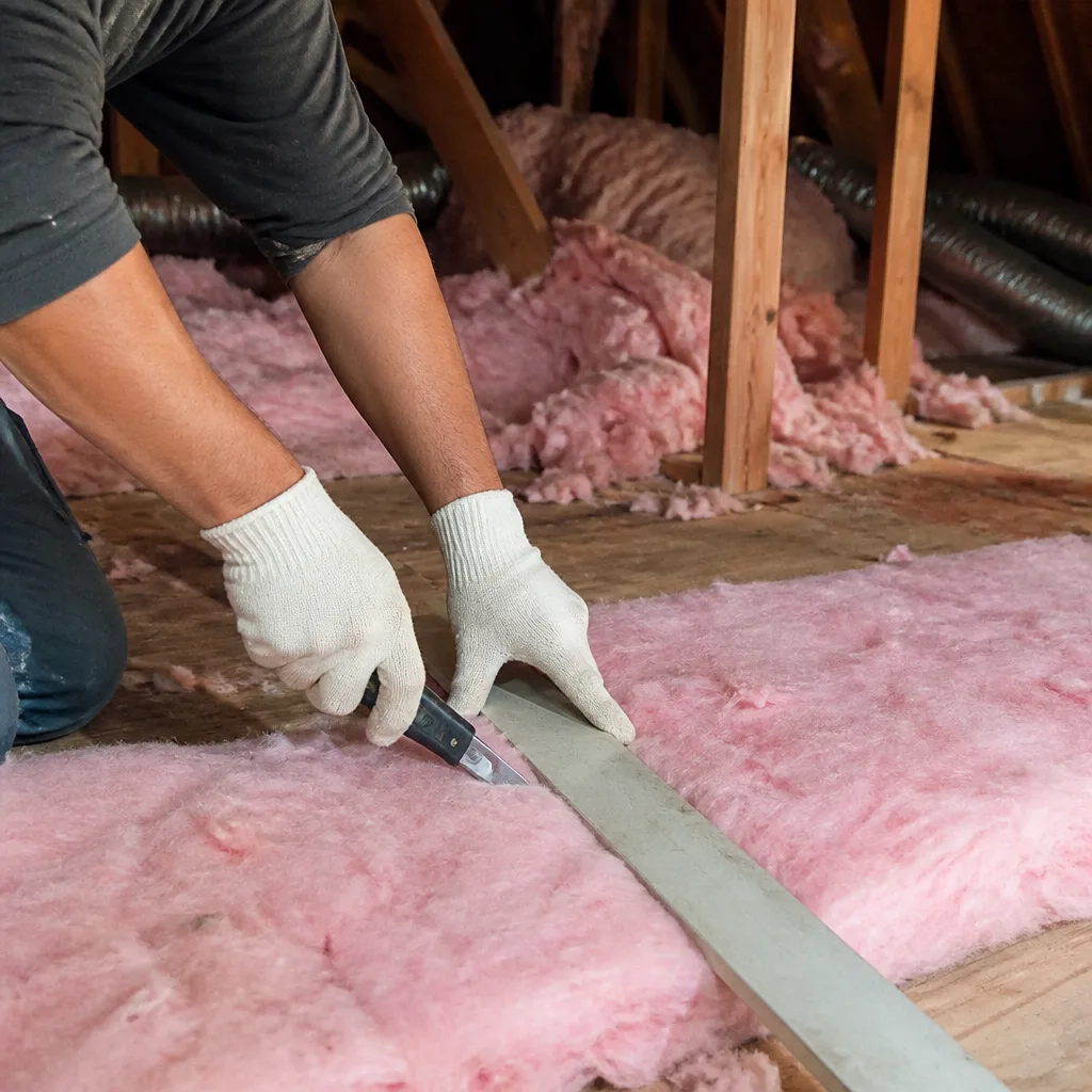 professional installing pink attic insulation