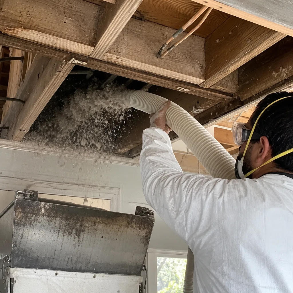 Contractor installing blown-in cellulose insulation between ceiling joists