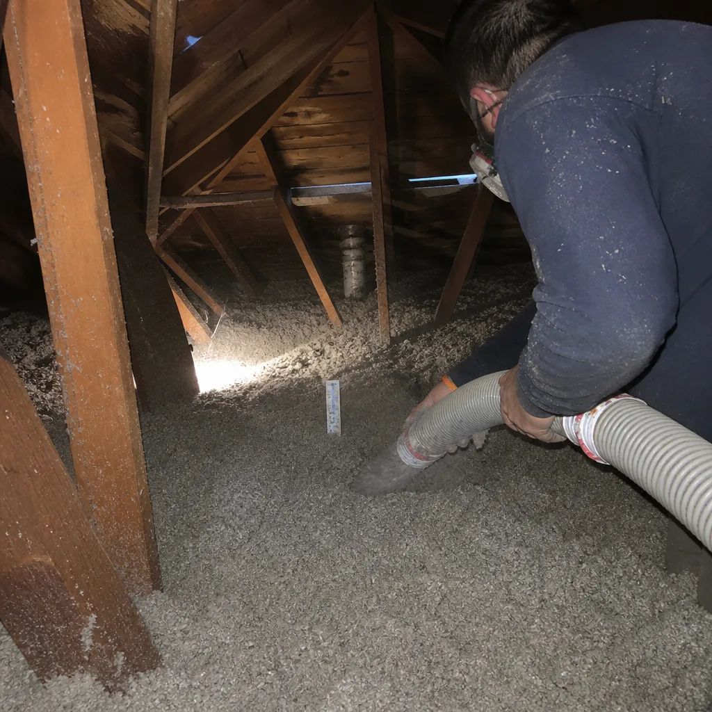 Professional technician installing blown-in cellulose insulation in an attic.