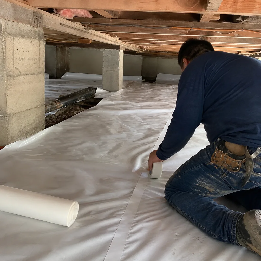 Technician performing professional crawl space encapsulation and vapor barrier installation