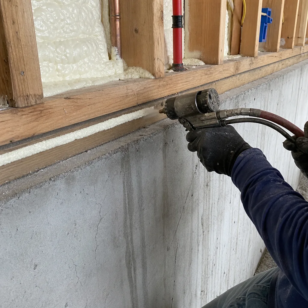 Professional contractor applying spray foam insulation to ceiling rafters