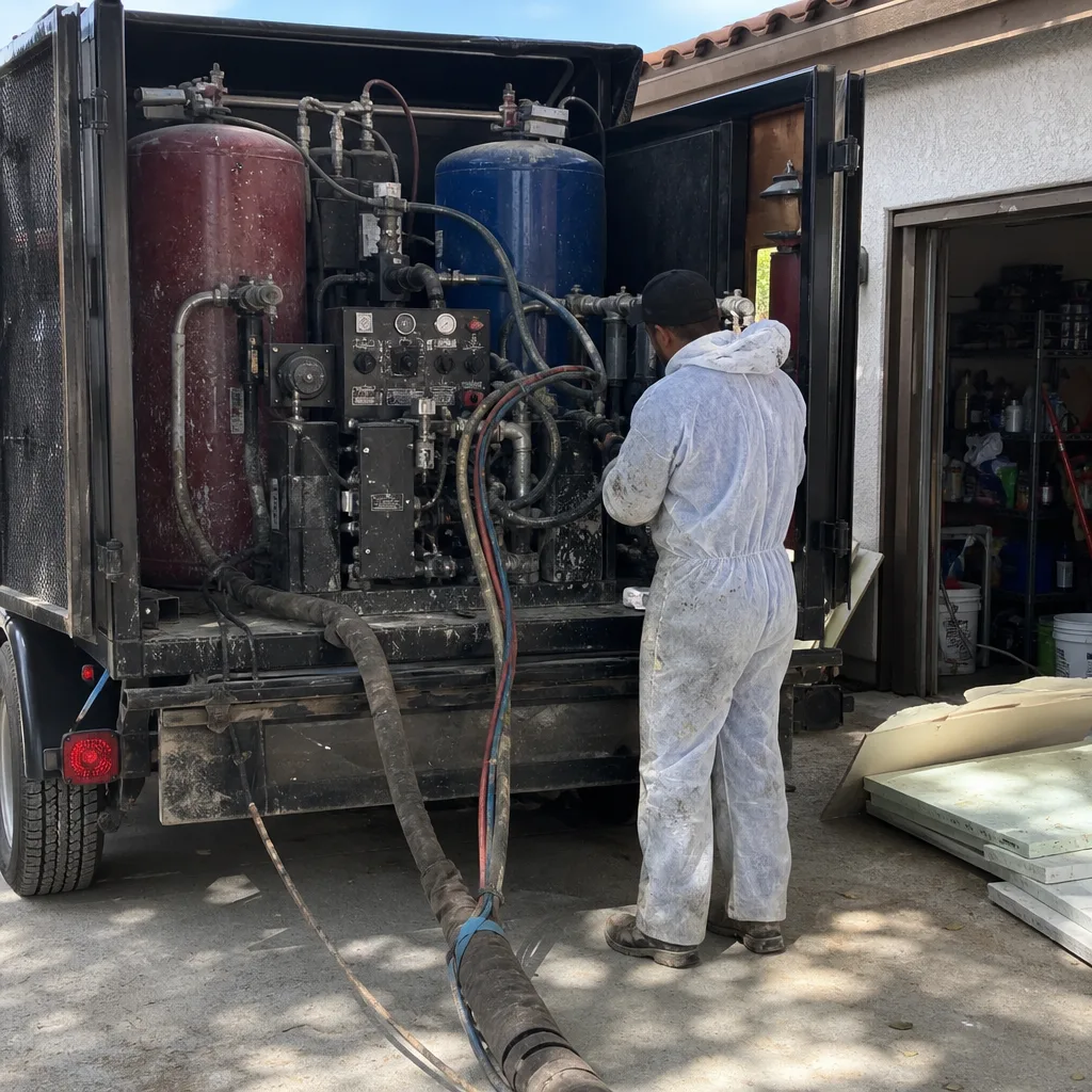 Technician using professional spray foam insulation equipment for residential project
