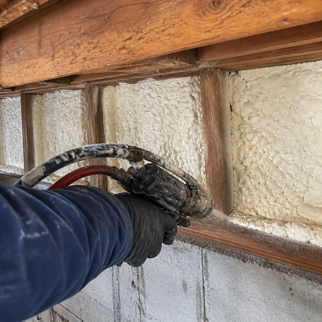 Professional applying spray foam insulation between wooden ceiling joists.